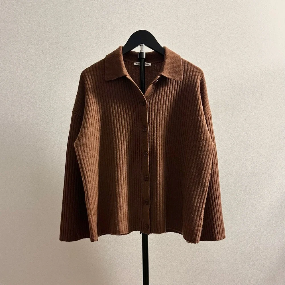 Reformation Fantino Brown Thick Cashmere Collared Shirt Cardigan Size XS - Picture 1 of 4